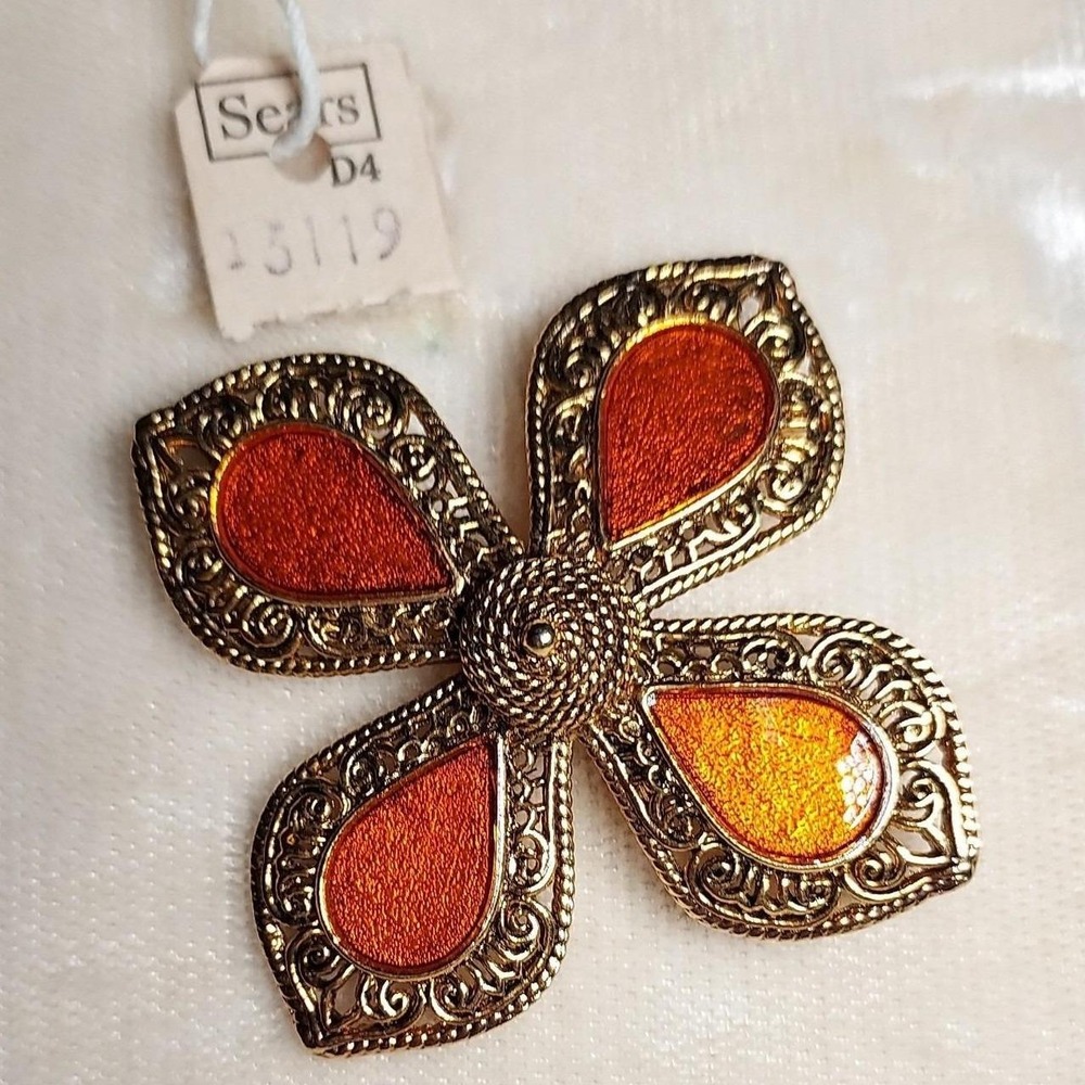 Sears Brooch Pin Women Gold Orange Vintage Filigree Enamel Flower Statement NWT